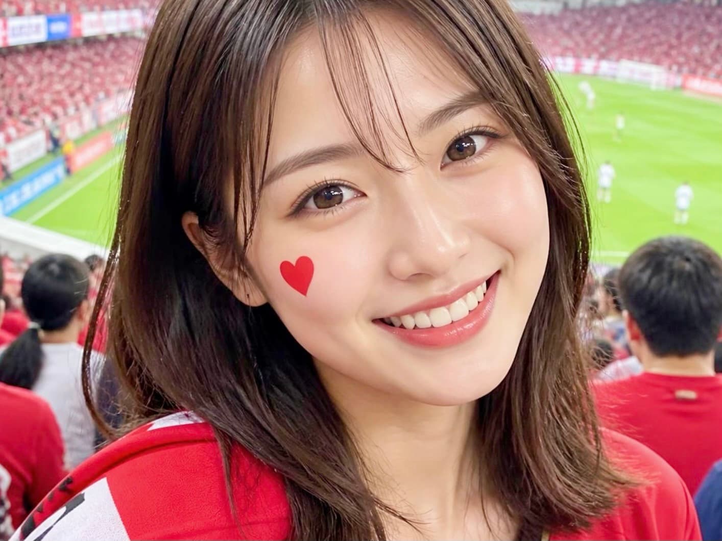 男のスピード婚活のイメージとしてサッカースタジアムの客席でユニフォームを着て笑顔を見せる可愛い女性